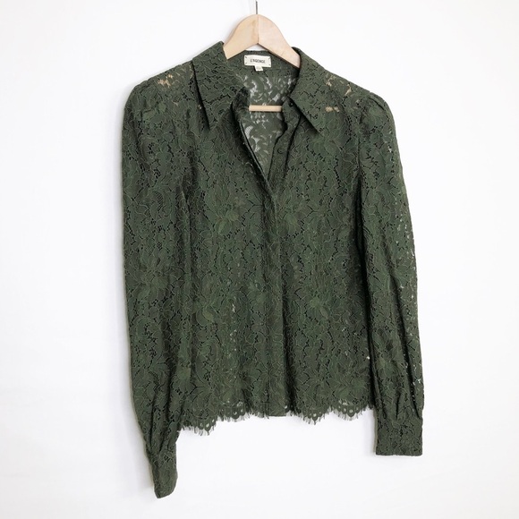 L’AGENCE Olive green, sheer lace, button-down puff sleeve shirt - Picture 5 of 12